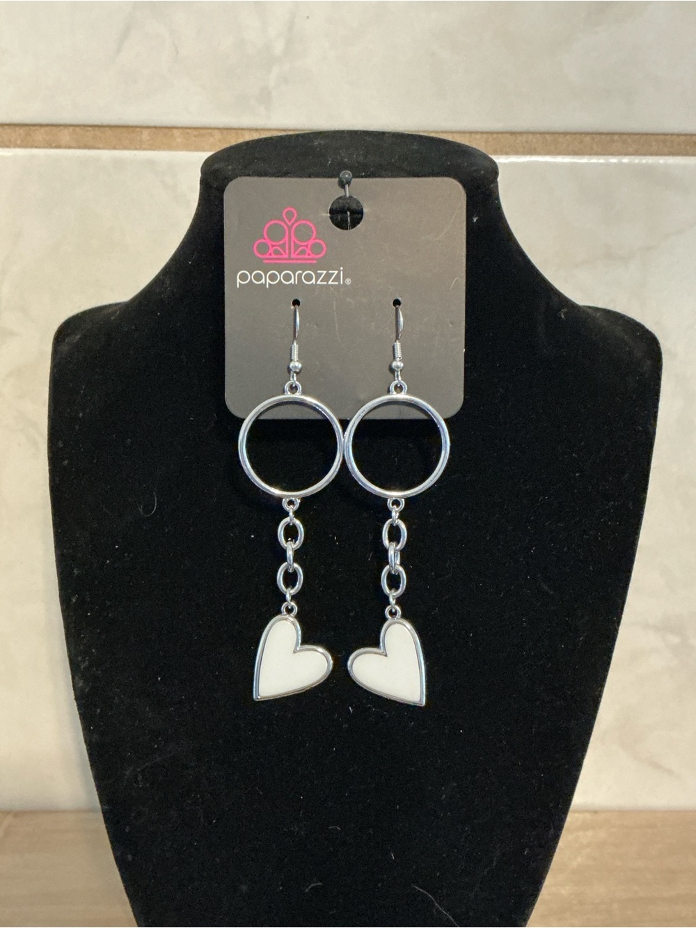 Paparazzi Silver Hoop Earrings with White Heart Drops